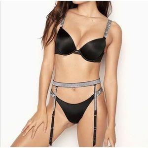 Sexy XS SMALL Victoria’s Secret black shine strap bling garter belt. New